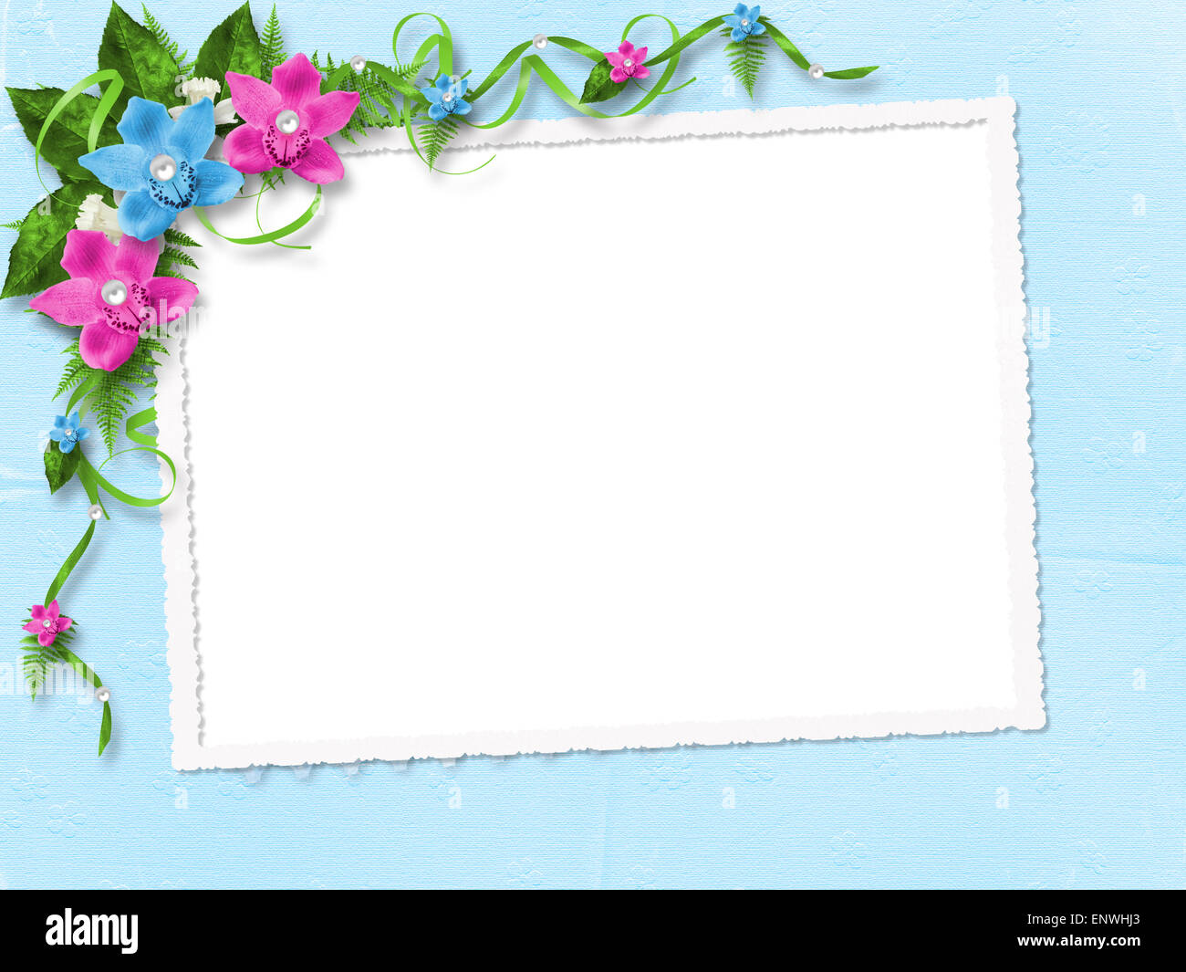 Rahmen für Foto mit blau und rosa Orchideen Stockfoto
