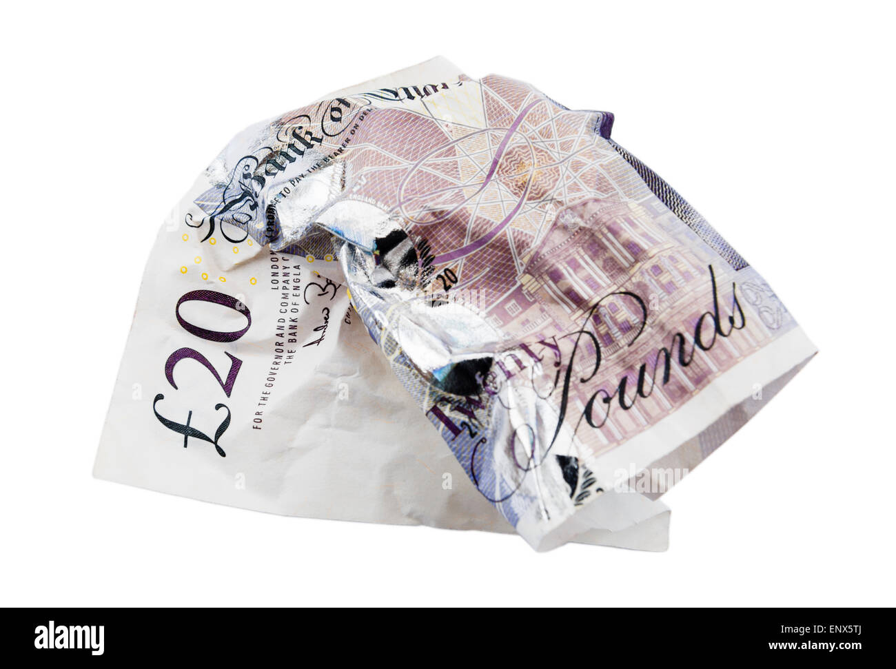 Britische Pfund-20-Pfund-Note vermasselt auf isolierten weißen Hintergrund. England-UK-Großbritannien Stockfoto