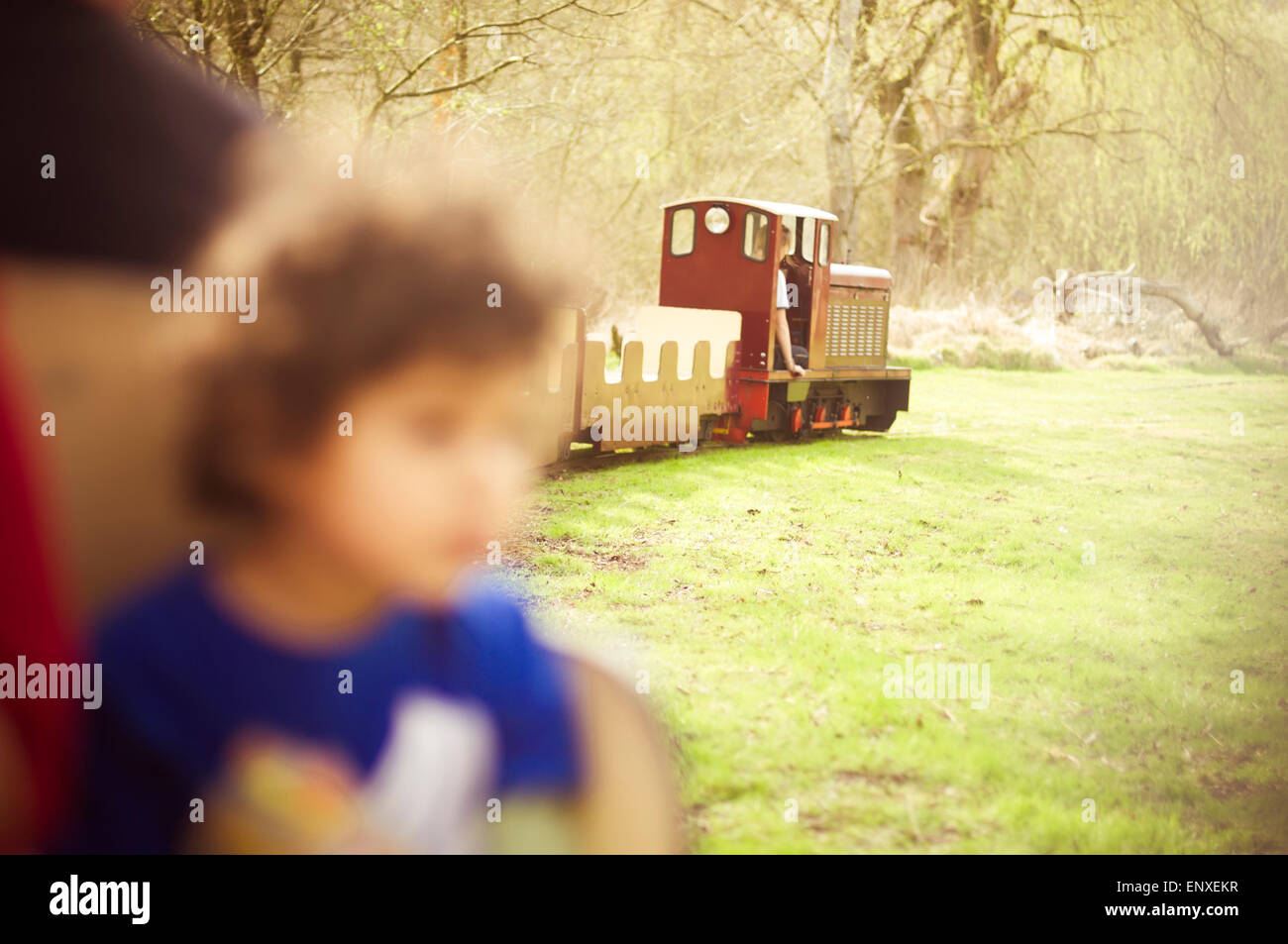 Kind ist auf einem Mini-Zug unterwegs. Stockfoto