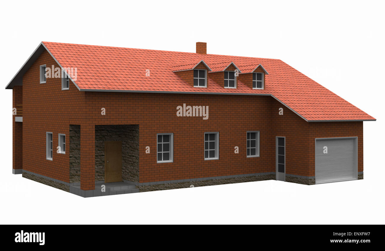 3D Haus mit rotem Ziegeldach, isoliert auf weiss Stockfoto