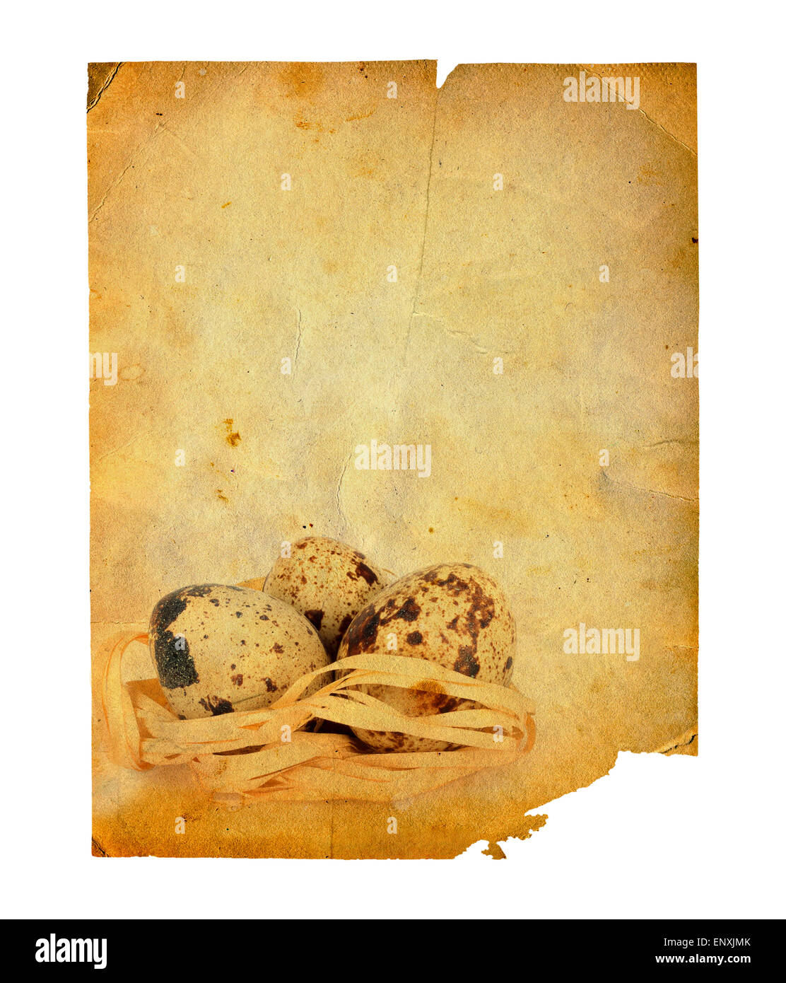 Grunge geschnitzt Postkarte mit Eiern zu Ostern feiern auf dem weißen Hintergrund isoliert Stockfoto