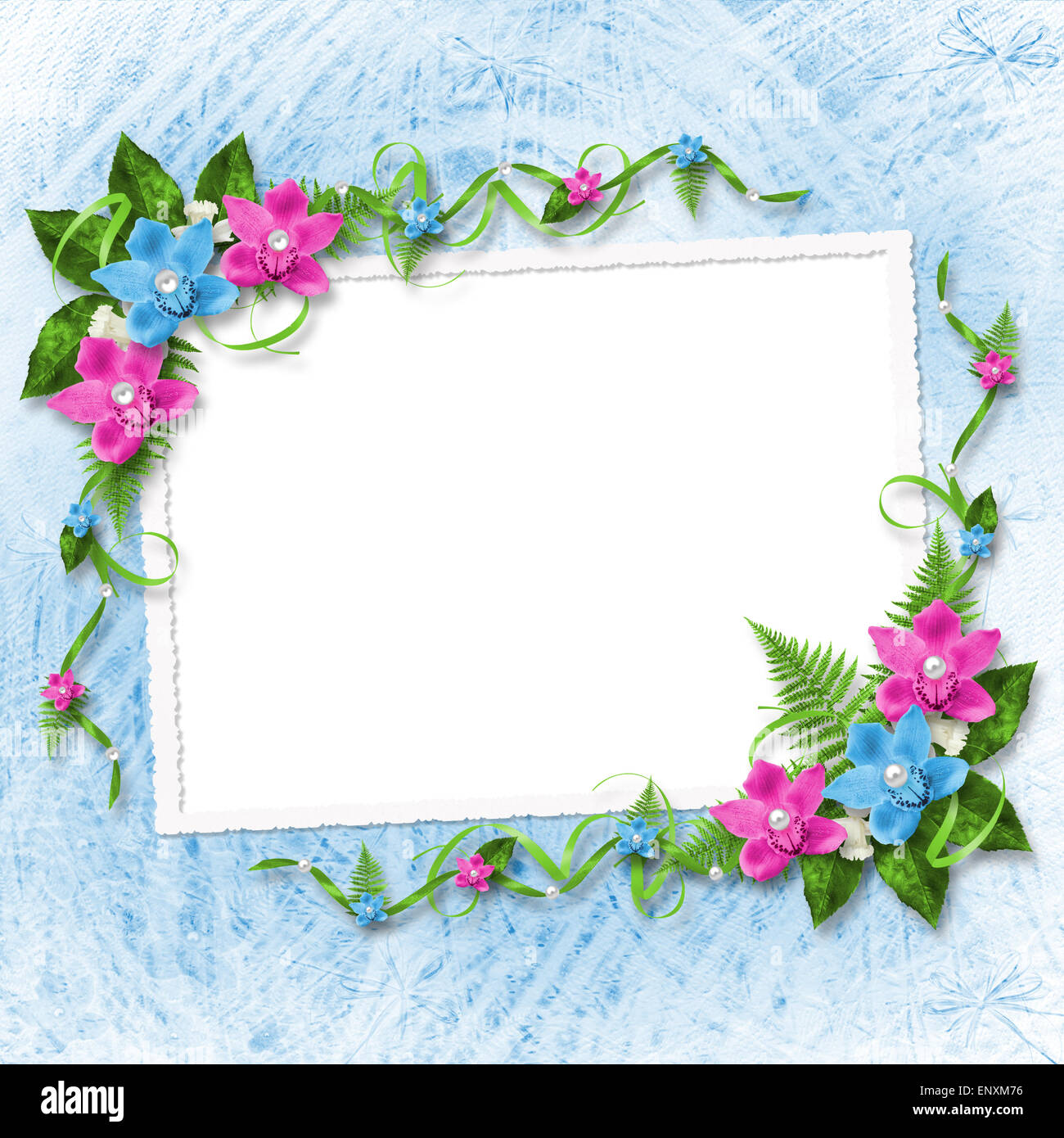 Karte für die Einladung oder Glückwunsch mit blau und rosa Orchideen Stockfoto