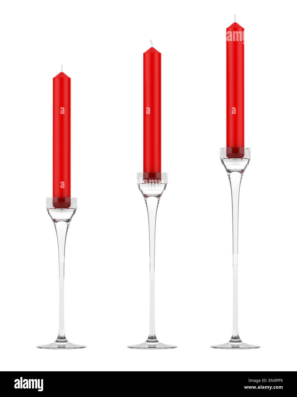 drei Glas-Leuchter mit roten Kerzen, isoliert Stockfoto