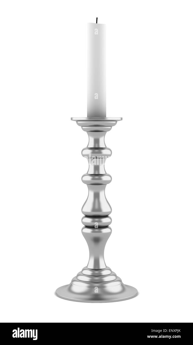 Silber Leuchter mit Kerze isoliert auf weiss Stockfoto