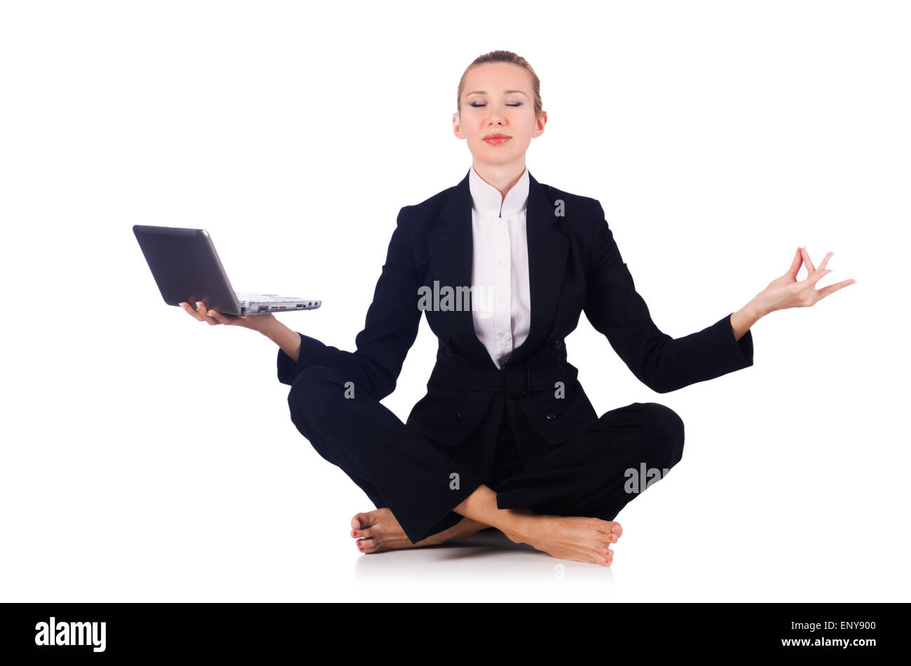Geschäftsfrau meditieren isoliert auf weiss Stockfoto