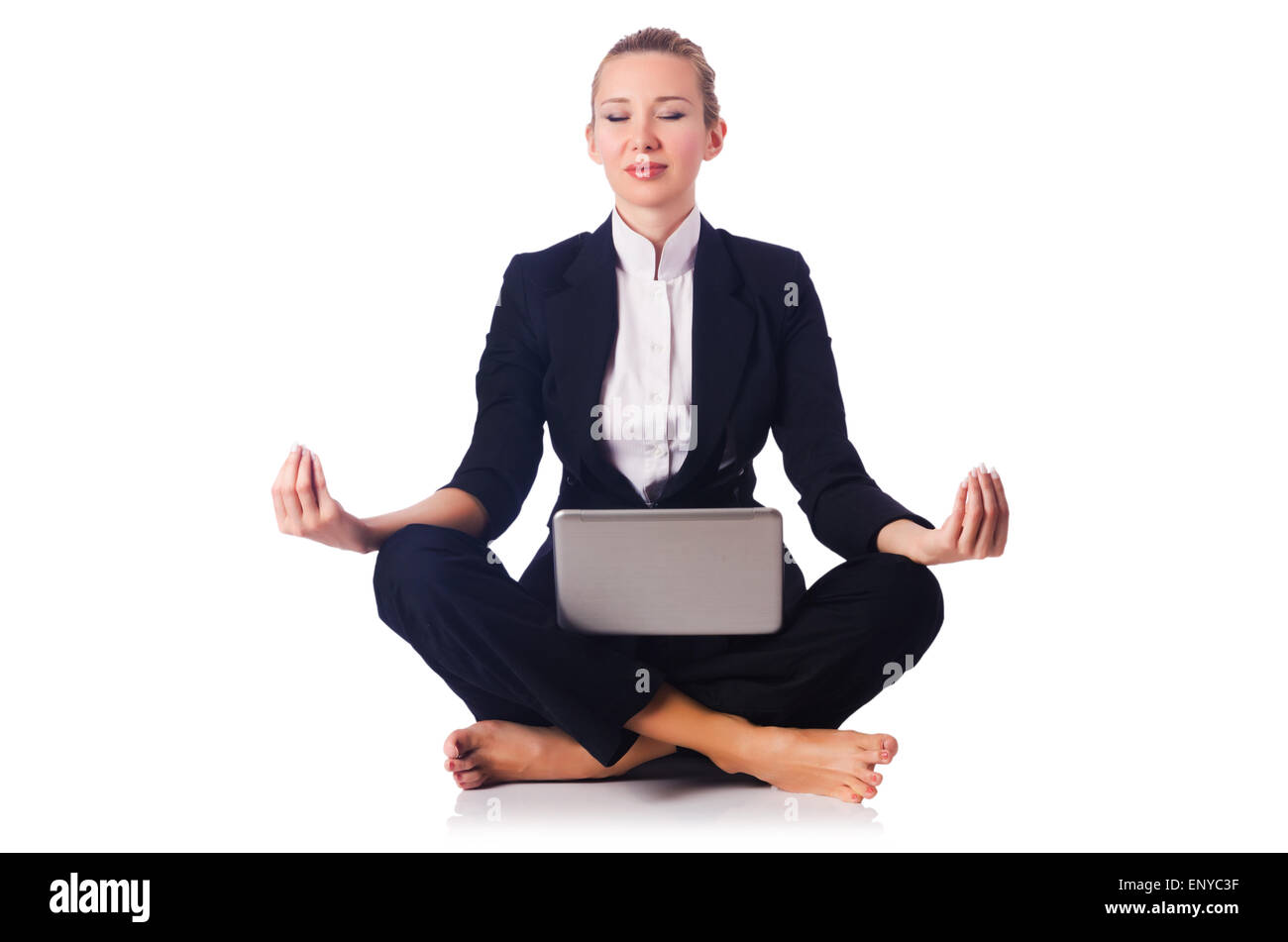 Geschäftsfrau meditieren isoliert auf weiss Stockfoto