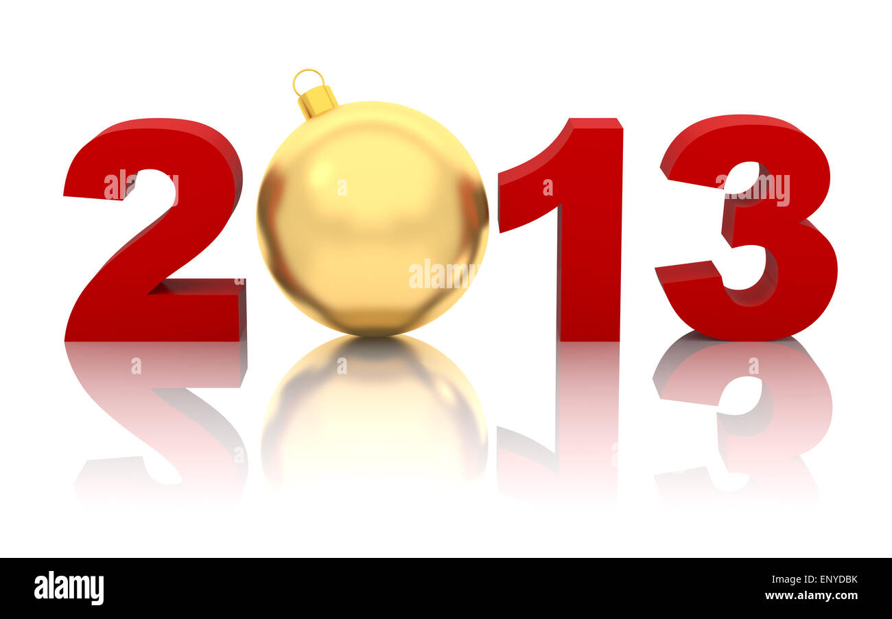 neue Jahr 2013 mit goldener Weihnachtskugel isoliert Stockfoto