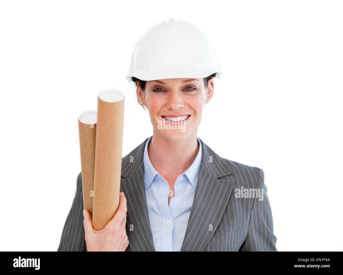 Porträt einer lächelnden Architektin vor einem weißen Hintergrund Stockfoto