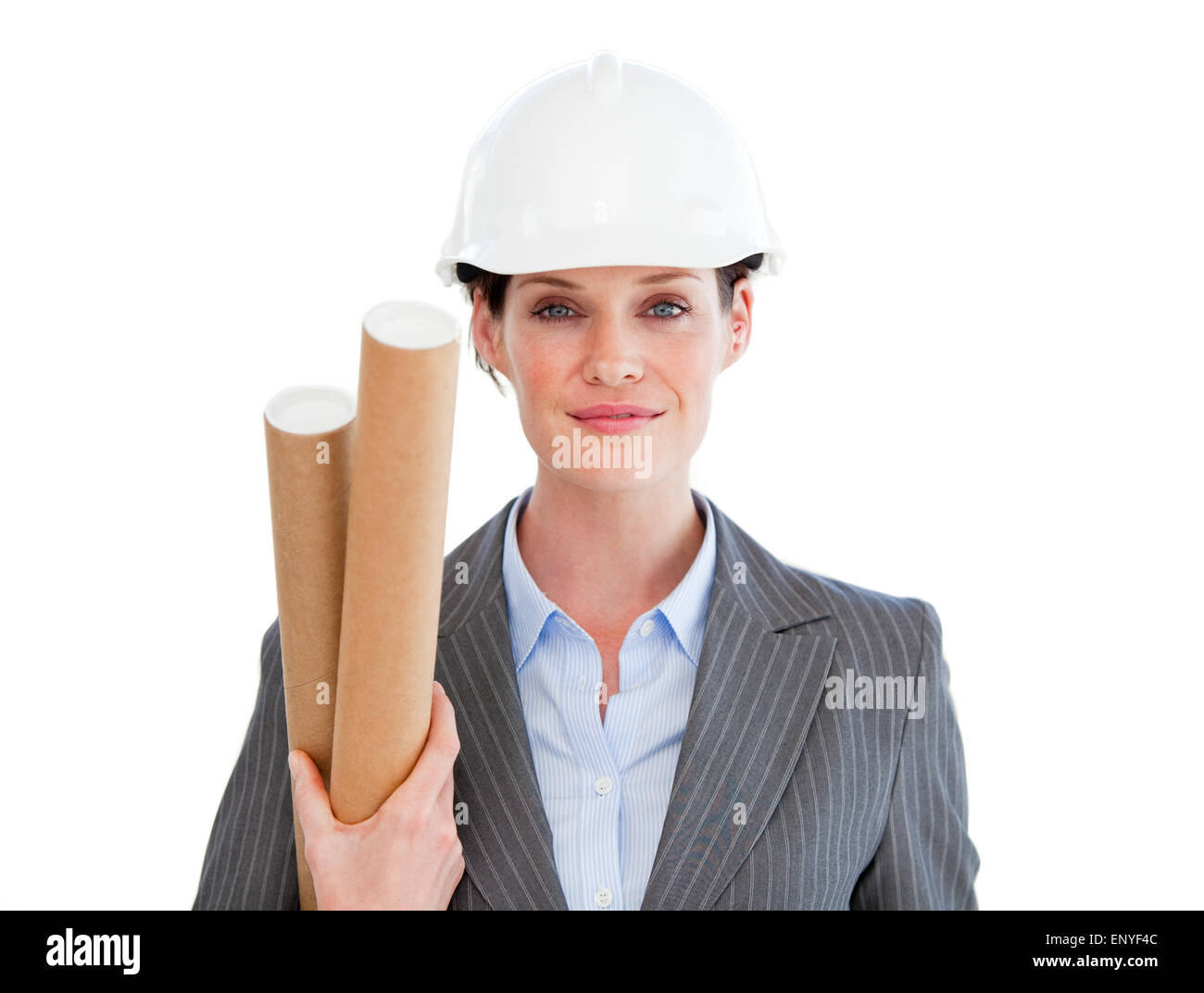 Porträt eines positiven weiblichen Architekten vor einem weißen Hintergrund Stockfoto