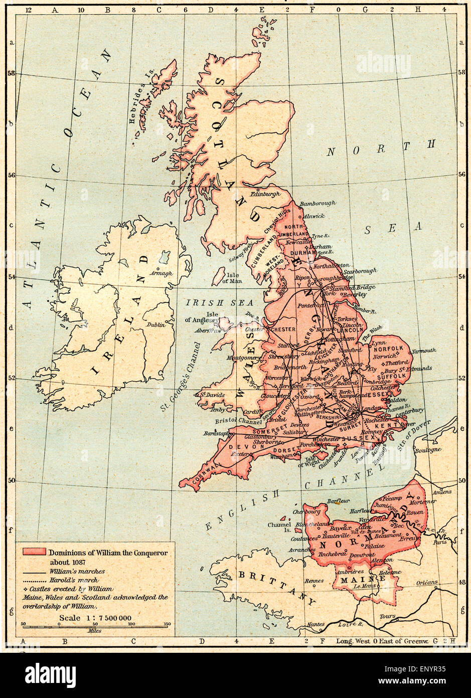 Karte von Großbritannien zeigen die Herrschaften von Wilhelm dem Eroberer, c. 1087. Stockfoto