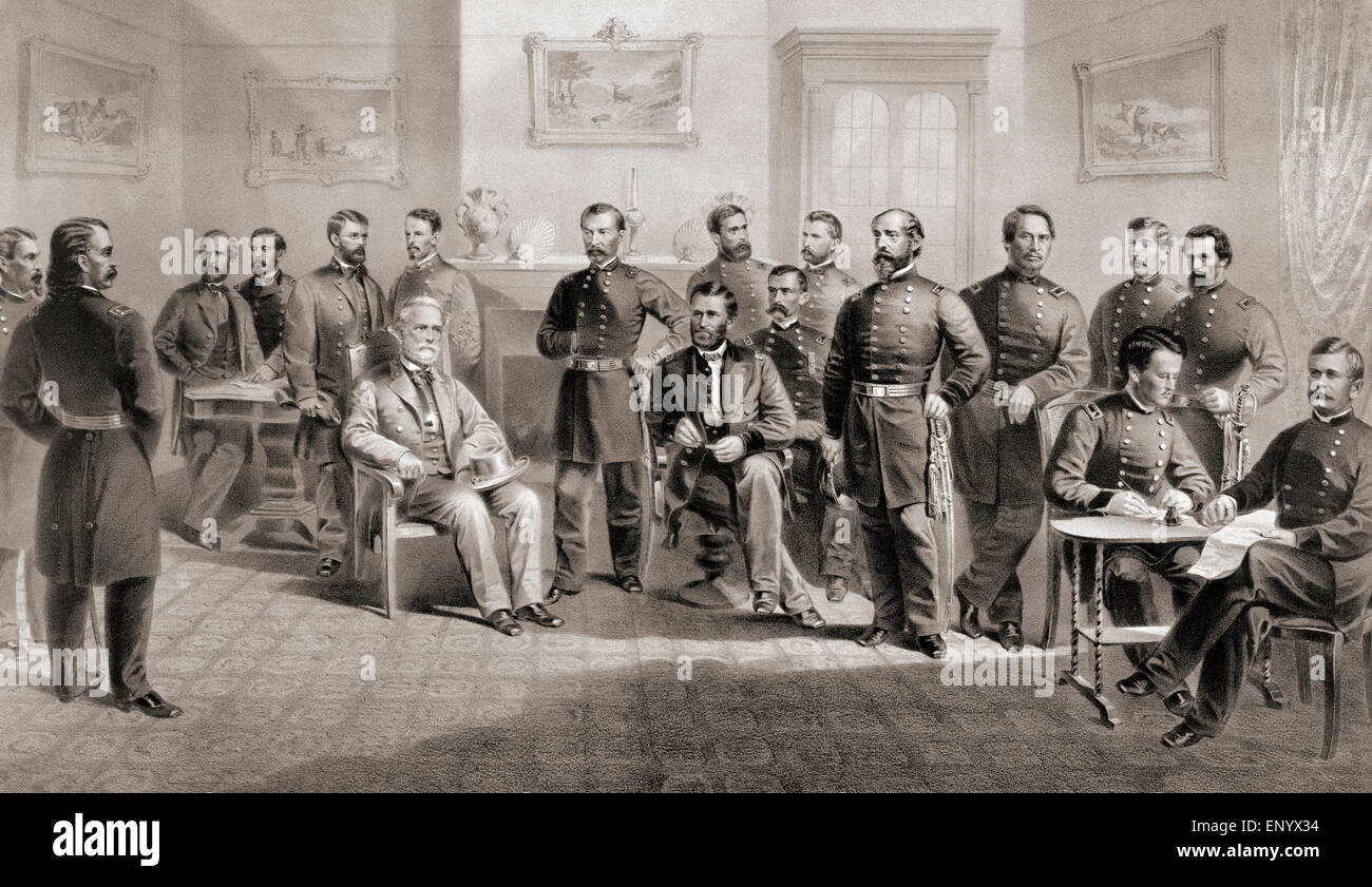 General Ulysses S. Grant (sitzend Mitte rechts) und General Robert E. Lee (sitzend Mitte links) mit ihren jeweiligen Mitarbeitern am Appomattox Gerichtsgebäude, Virginia, wo General Lee kapitulierte die Nord-Virginia-Armee und so endete der amerikanische Bürgerkrieg.  9. April 1865. Stockfoto