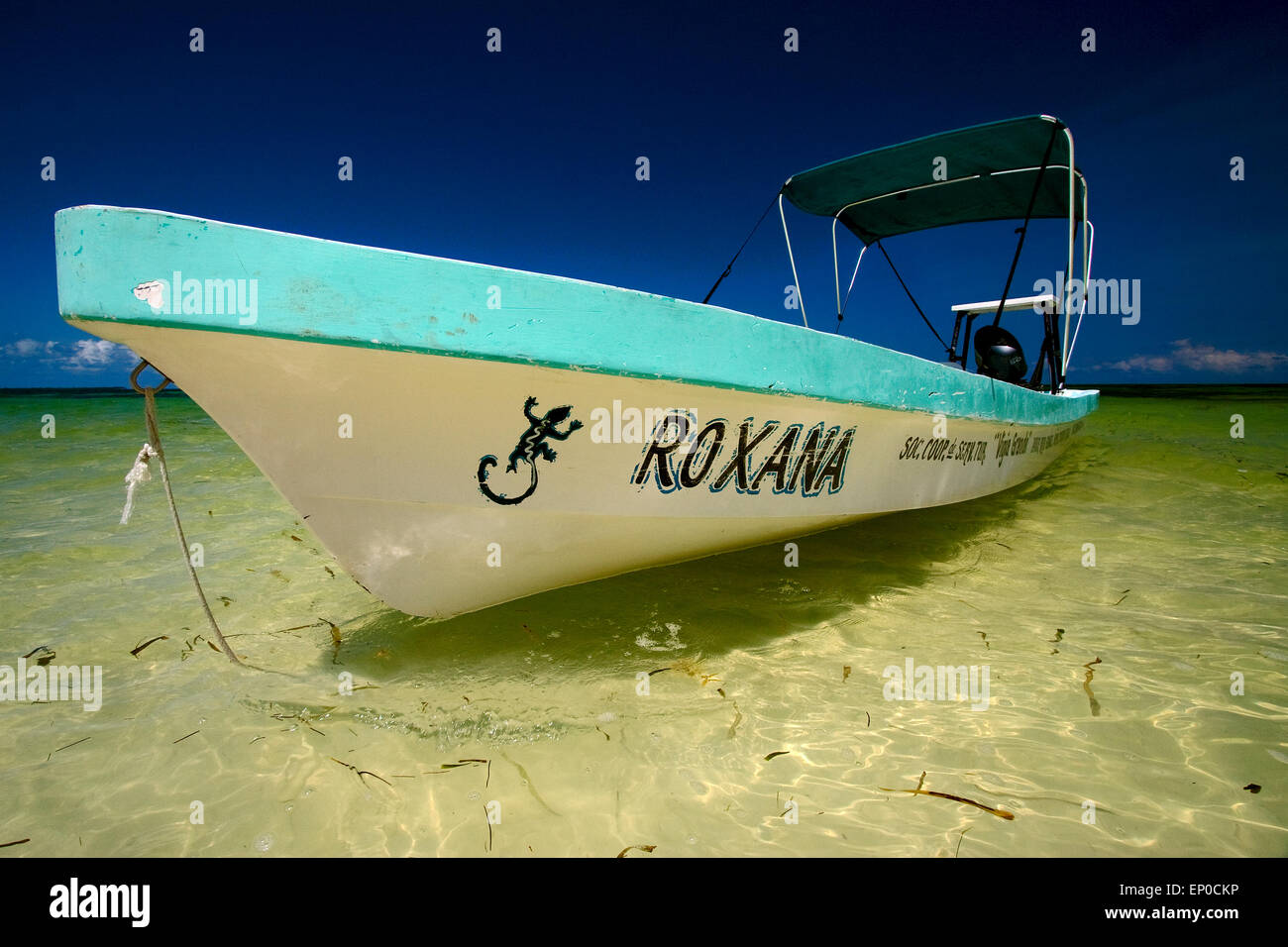 ein Boot in der blauen Lagune von Sian Kaan in Mexiko Stockfoto
