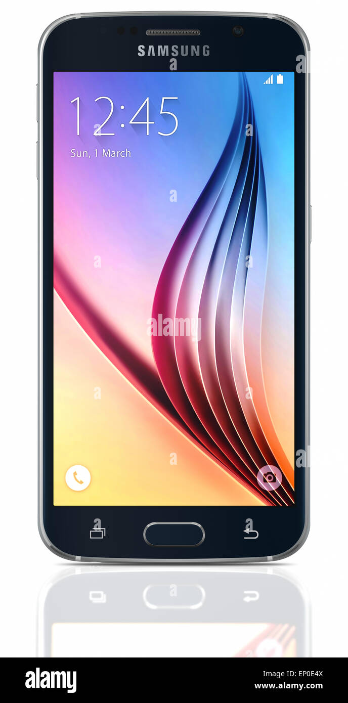 Black Sapphire Samsung Galaxy S6 auf weißem Hintergrund. Stockfoto
