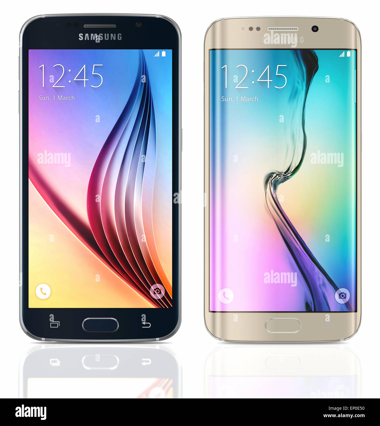 Black Sapphire Samsung Galaxy S6 und Platinum Samsung Galaxy S6 Goldrand auf weißem Hintergrund. Stockfoto