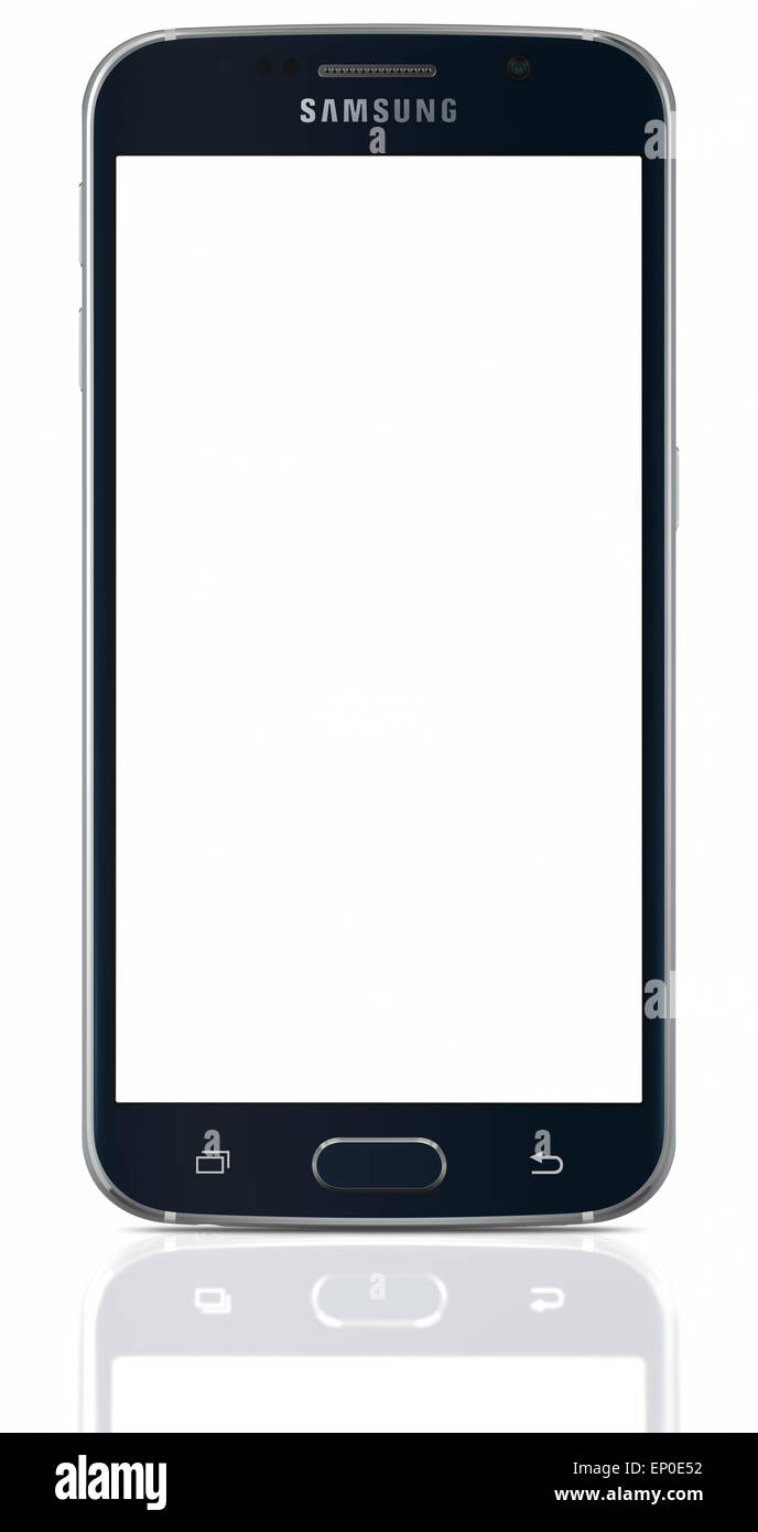 Black Sapphire Samsung Galaxy S6 mit leeren Bildschirm auf weißem Hintergrund. Stockfoto