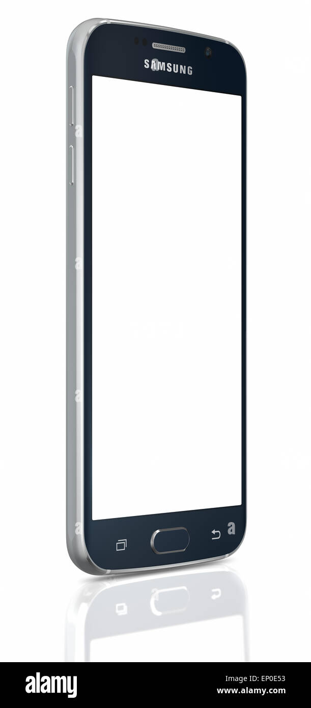 Black Sapphire Samsung Galaxy S6 mit leeren Bildschirm auf weißem Hintergrund. Stockfoto