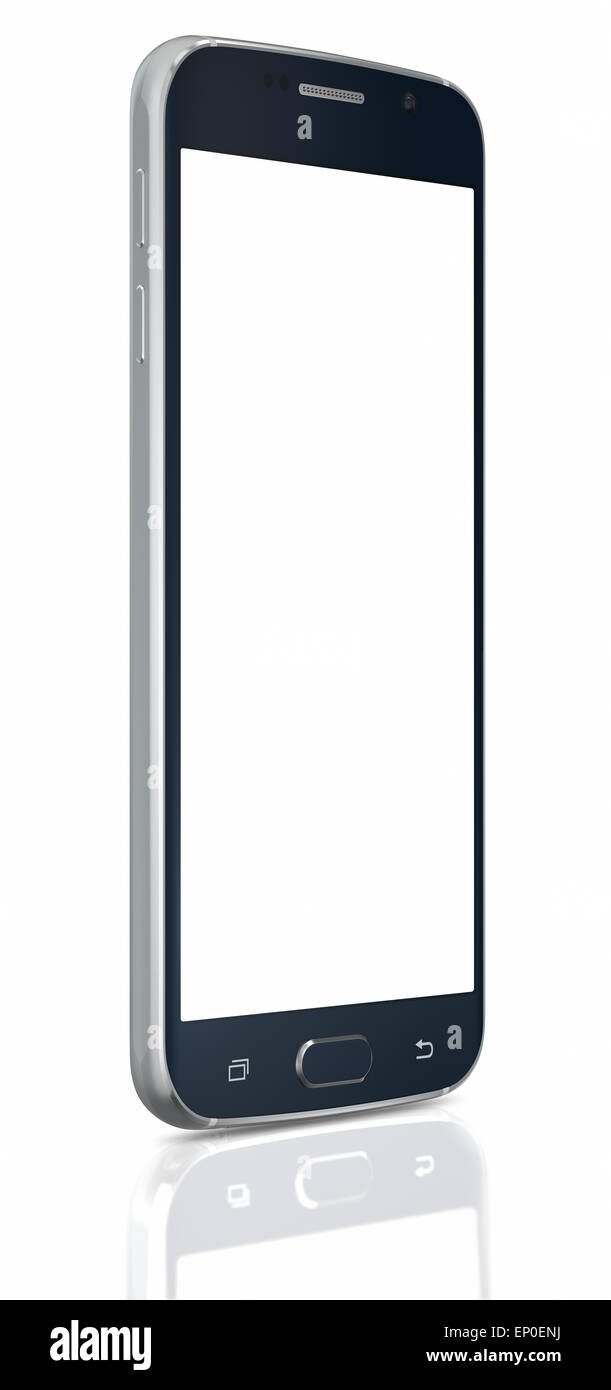 Black Sapphire Smartphone Rand mit leeren Bildschirm auf weißem Hintergrund Stockfoto
