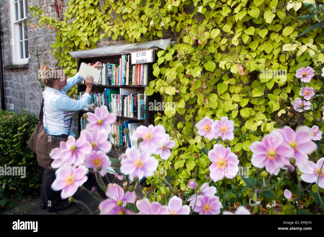 Gebrauchte Bücher in den Gärten von der Burg von Hay-on-Wye, gebrauchte Buch-Hauptstadt der Welt, Powys, Wales, UK Europe Stockfoto