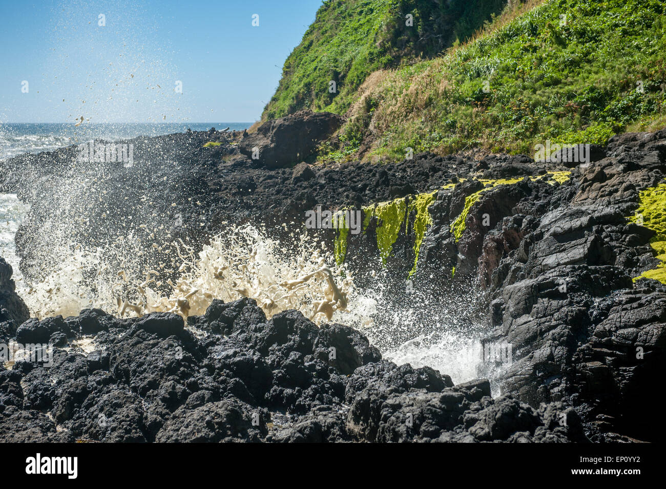 Wellen, die in den Felsen am Devils Churn entlang der Oregon Küste, USA Stockfoto