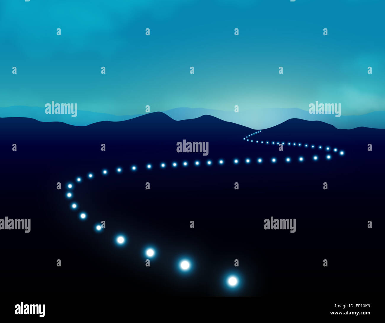 Reise zum Erfolgskonzept mit Licht unterwegs die Orientierung über Berglandschaft inmitten von Dunkelheit geben Hoffnung Stockfoto