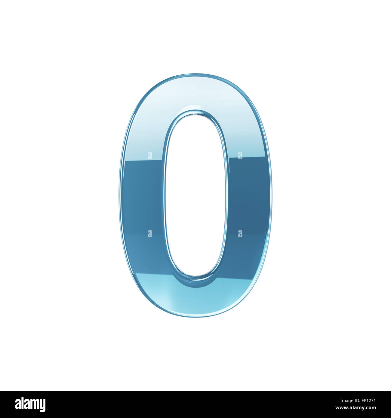 3D Render Glas glänzend transparent Alphabet Ziffer Null Symbol - 0. Isoliert auf weißem Hintergrund Stockfoto