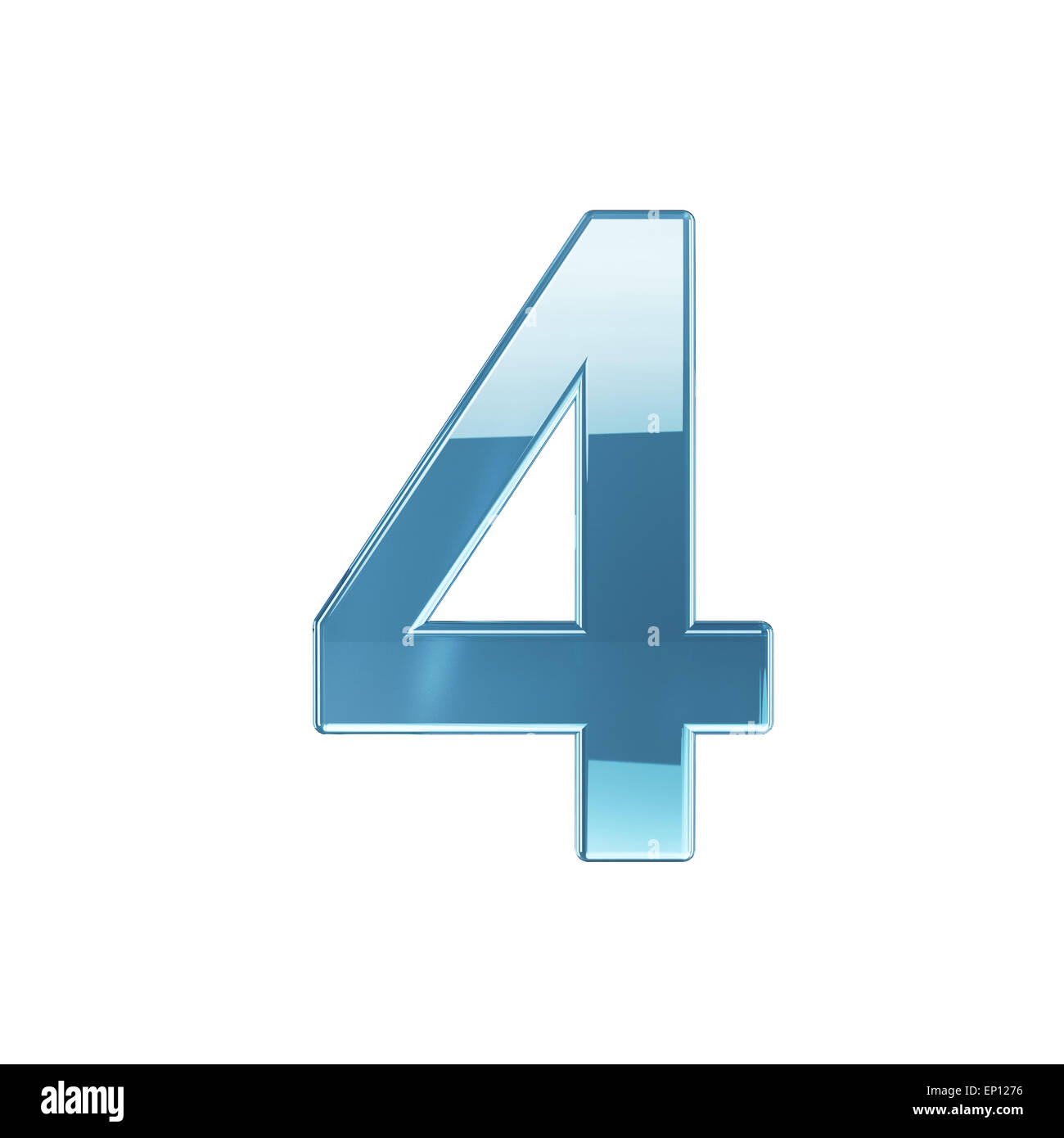 3D Render Glas glänzend transparent Alphabet Ziffer vier Symbols - 4. Isoliert auf weißem Hintergrund Stockfoto