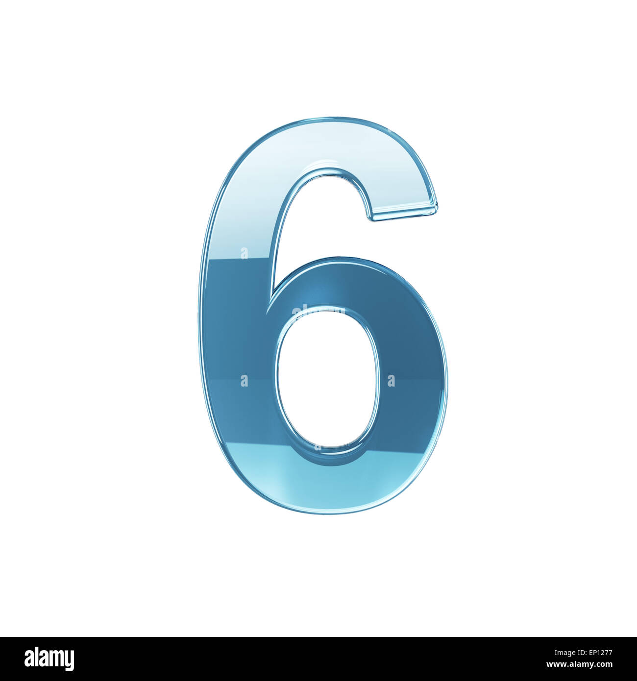 3D Render Glas glänzend transparent Alphabet Ziffer sechs Symbols - 6. Isoliert auf weißem Hintergrund Stockfoto
