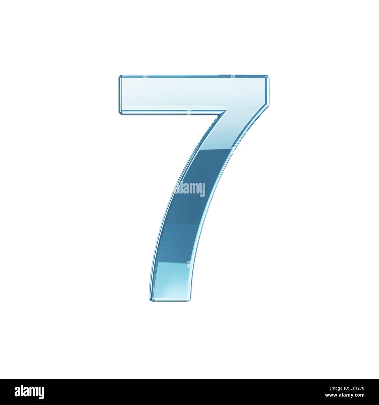 3D Render Glas glänzend transparent Alphabet Ziffer sieben Symbol - 7. Isoliert auf weißem Hintergrund Stockfoto