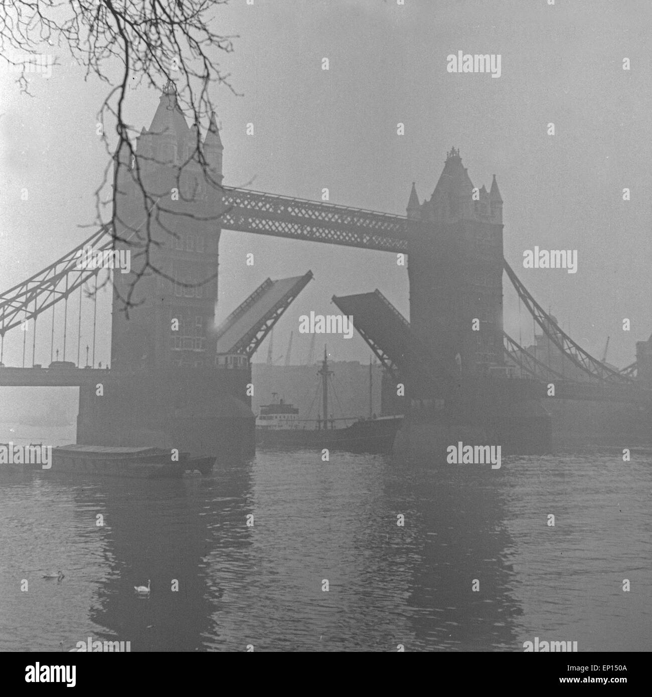 Die Geöffnete Turm Brigge ein Einem Diesigen Tag in London, Großritannien 1950er Jahre. Open Tower Bridge an einem nebeligen Tag in Lond Stockfoto