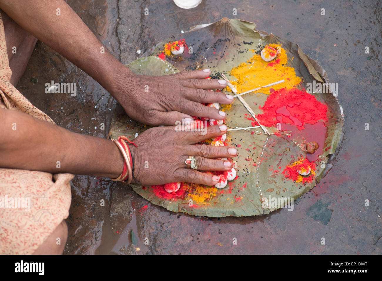 Stier kämpfen auf Ghats von Varanasi. Stockfoto