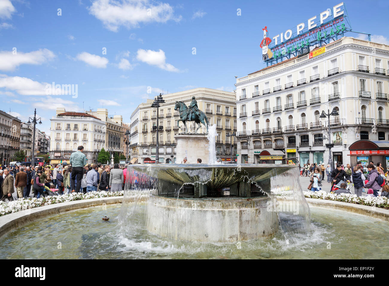 Sol Platz Puerta del Sol mit Brunnen, Madrid, Spanien Stockfoto