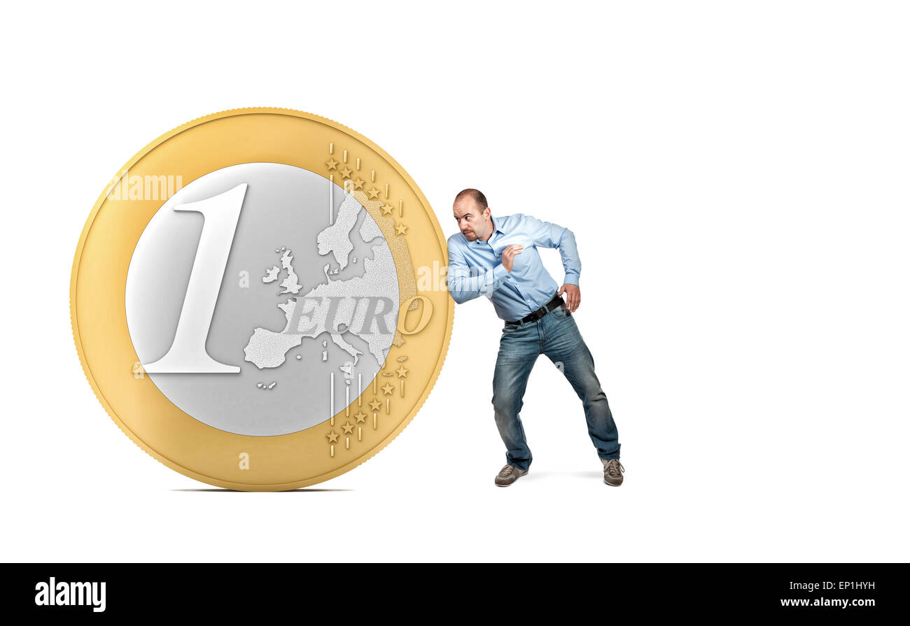 3D-Euro-Münze und Mann in Schubposition Stockfoto