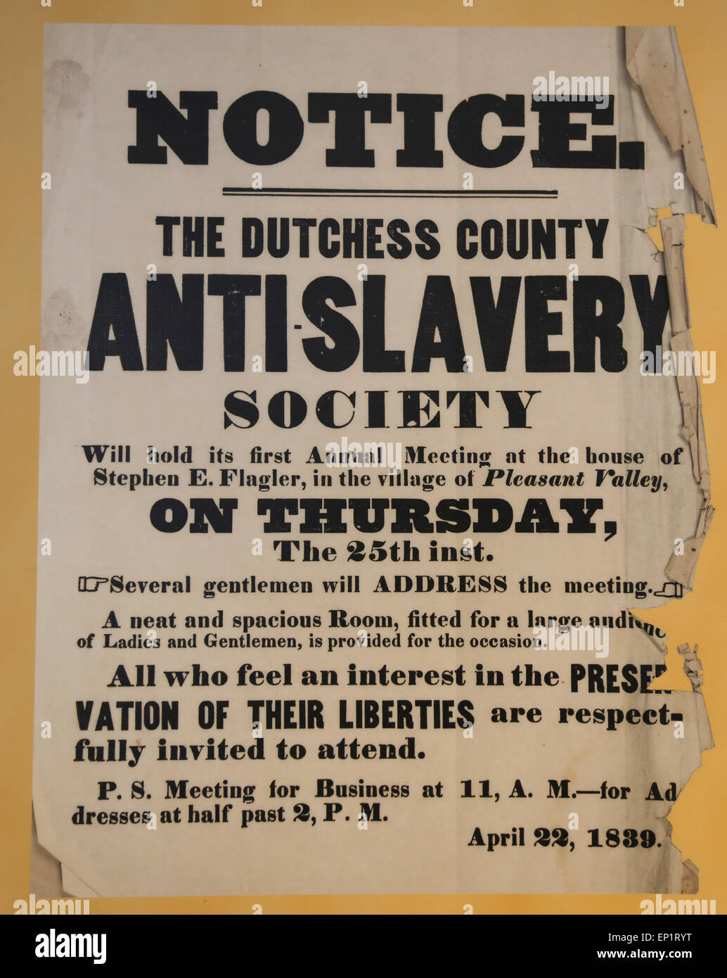 Ankündigung geändert werden. Der Dutches county Anti-Slavery Society. Erstes Jahrestreffen. 22. April 1839. USA. Stockfoto