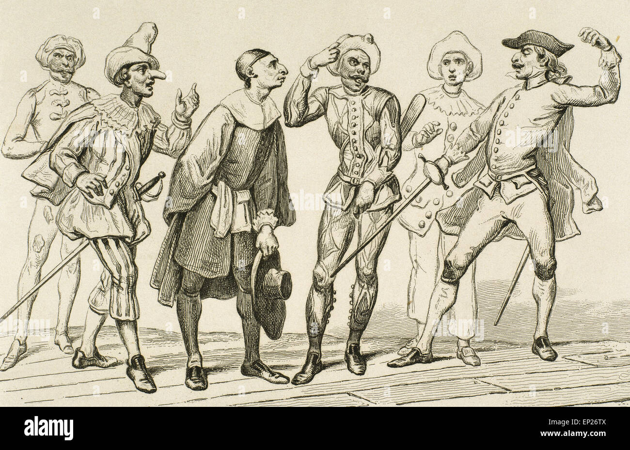 Commedia dell Italienisch. 16. Jahrhundert. Kupferstich, 19. Jahrhundert. Stockfoto