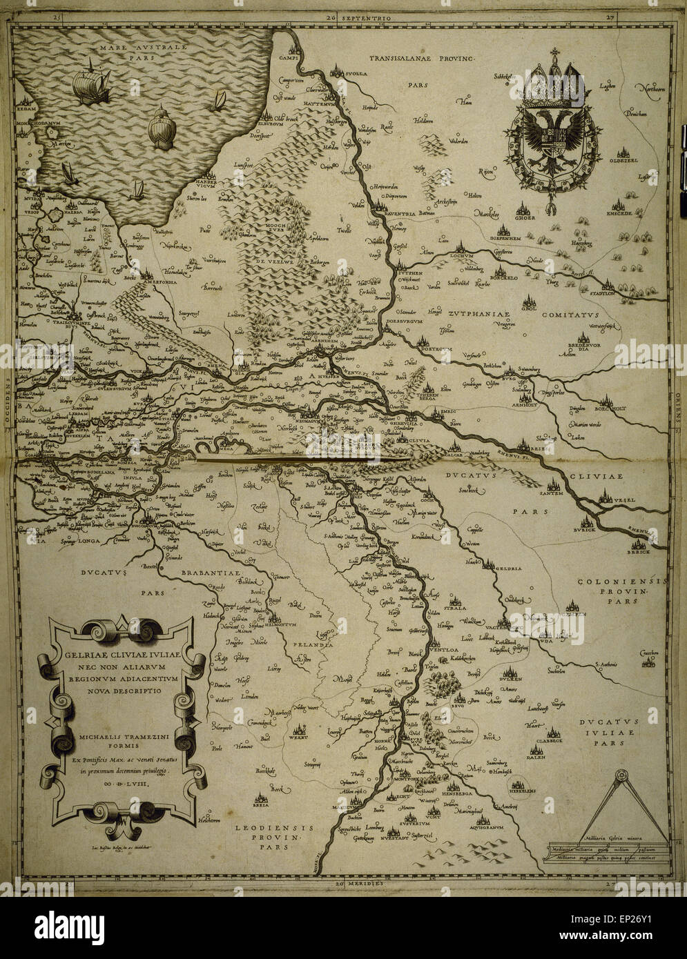 Holland, Belgien und Deutschland. Karte. Hergestellt von Michaelis Tramezini, 1558. Gedruckt von Iacobus Bossius. Stockfoto