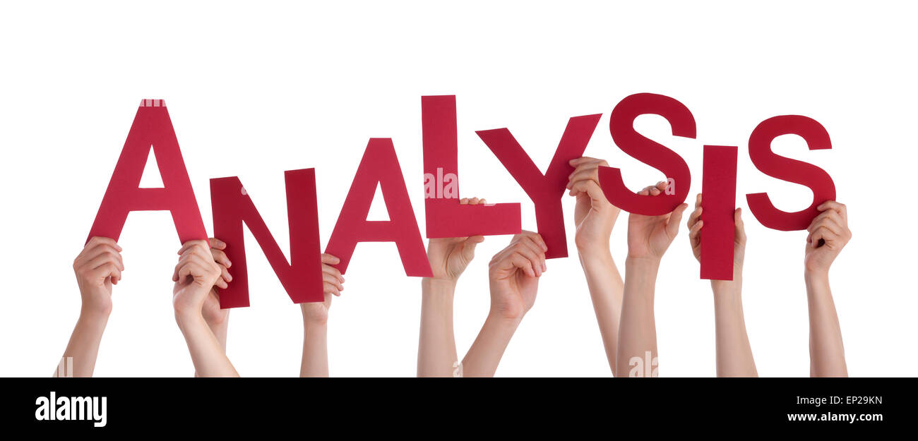 Viele Menschen Hände halten rote Wort Analyse Stockfoto