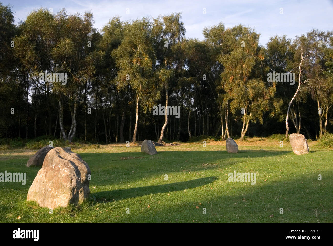 Neun Damen Stone Circle, Stanton Moor, Derbyshire, UK. Die Überlieferung sagt, 9 Mädchen in Stein zum Tanzen an einem Sonntag verwandelt wurden Stockfoto