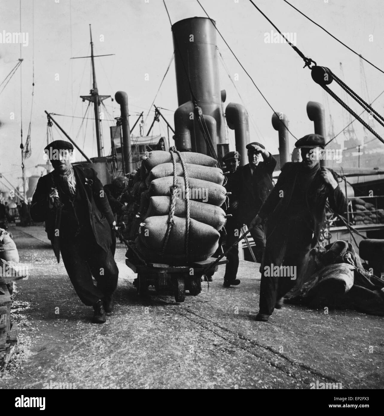 Getrocknete Bohnen in Liverpool Dock, 21. Februar 1942 entladen wird Stockfoto