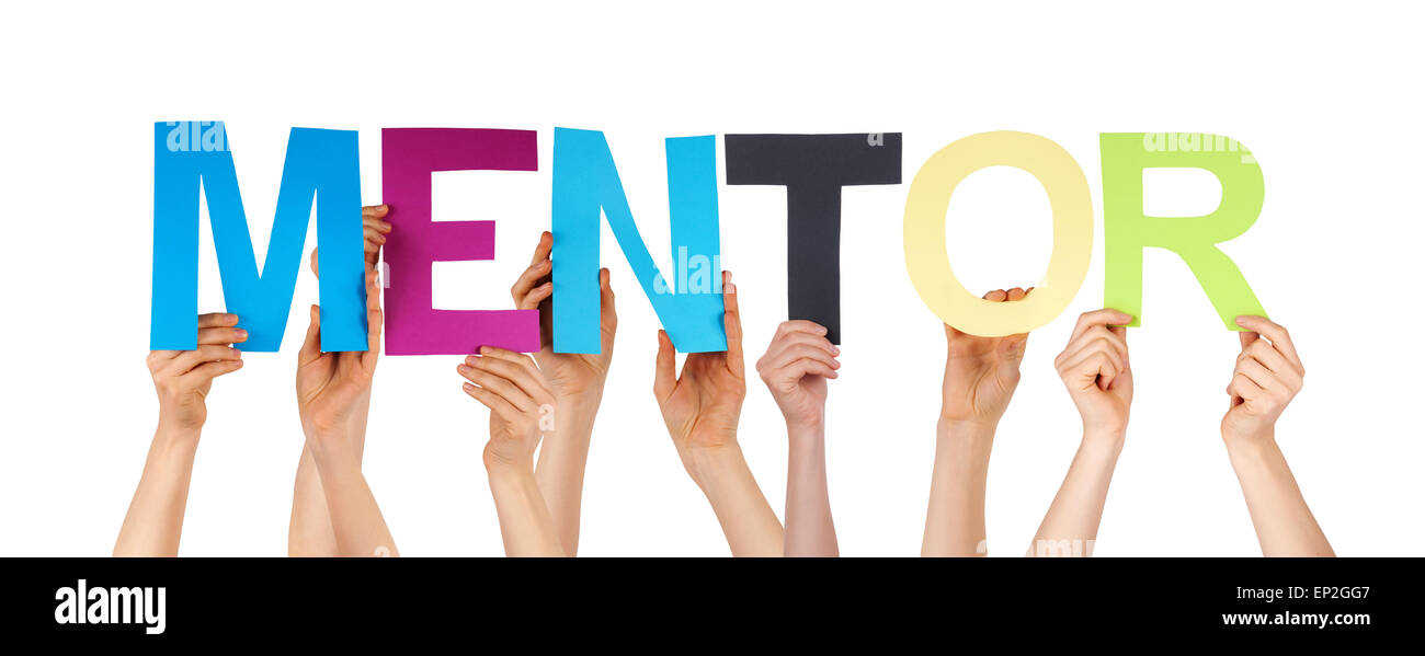 Menschen Hände halten gerade bunte Wort Mentor Stockfoto