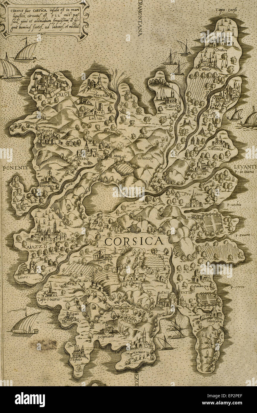 Karte von Korsika. Italienische Gravur. 16. Jahrhundert. Stockfoto