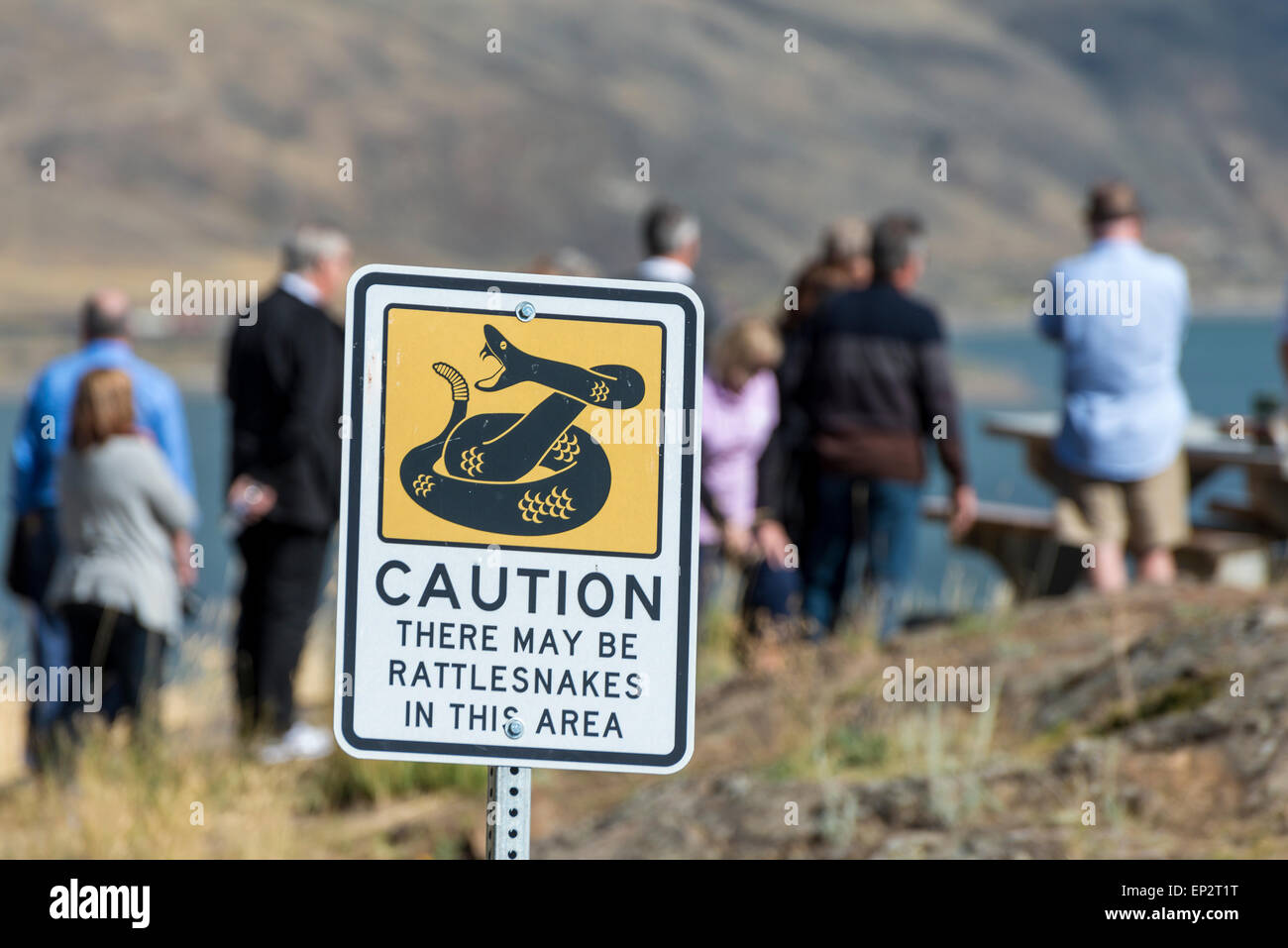 Kanada, British Columbia, Kamloops, Klapperschlange Warnschild am Kamloops Lake Stockfoto