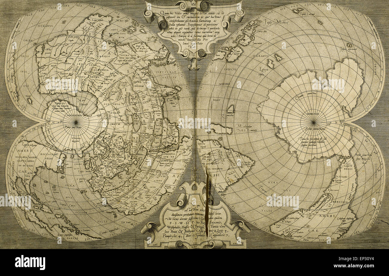 Weltkarte. Italienische Gravur. 16. Jahrhundert. Stockfoto