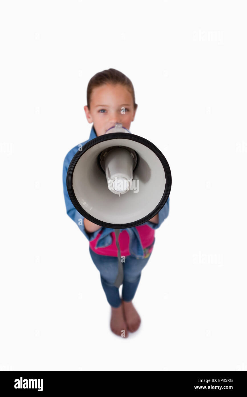Porträt eines Mädchens durch ein Megaphon sprechen Stockfoto