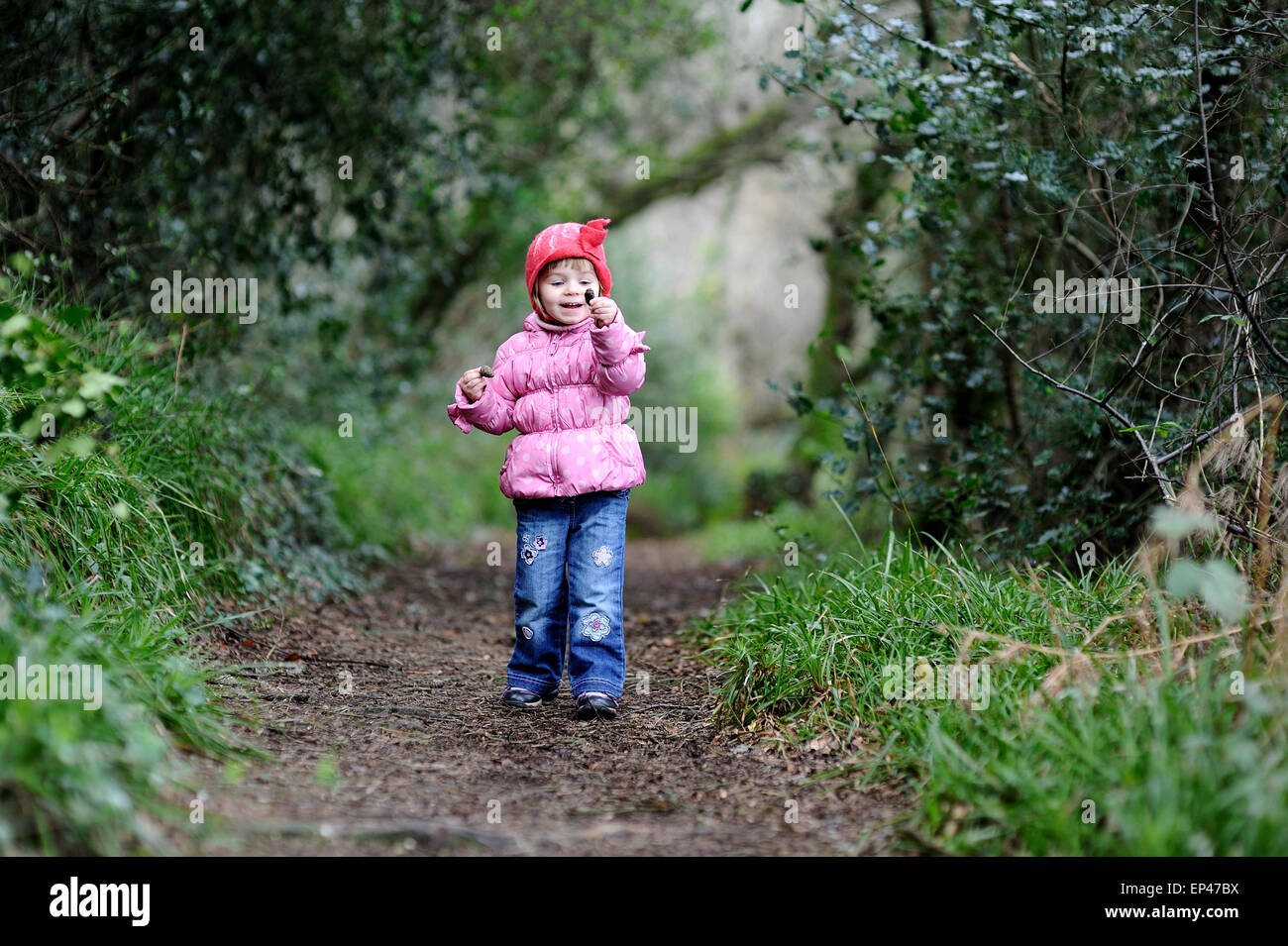 Mädchen stehen auf einem Waldweg mit Tannenzapfen Stockfoto