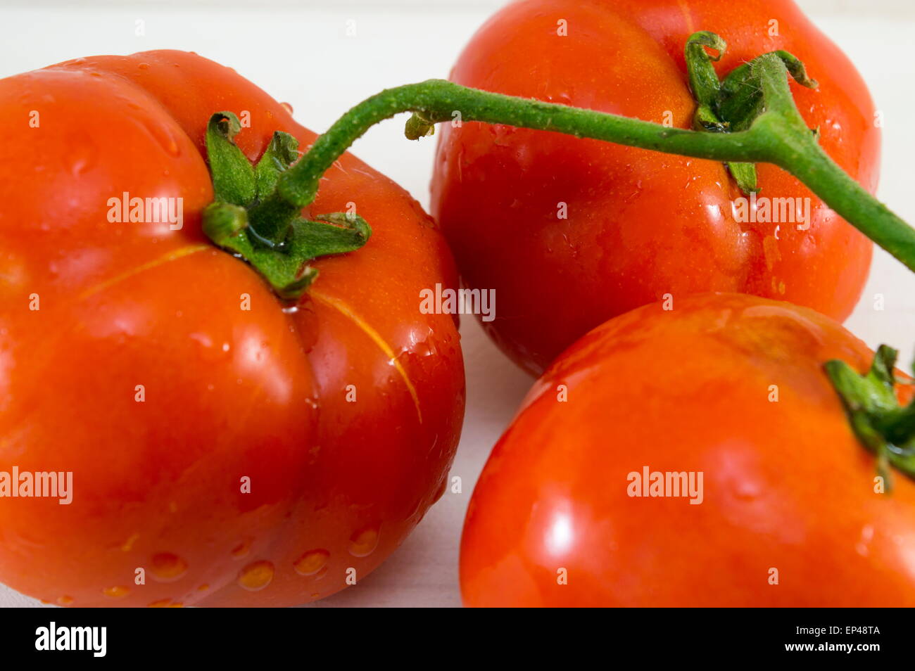 Reihe von kürzlich gewaschenen Tomaten hautnah Stockfoto