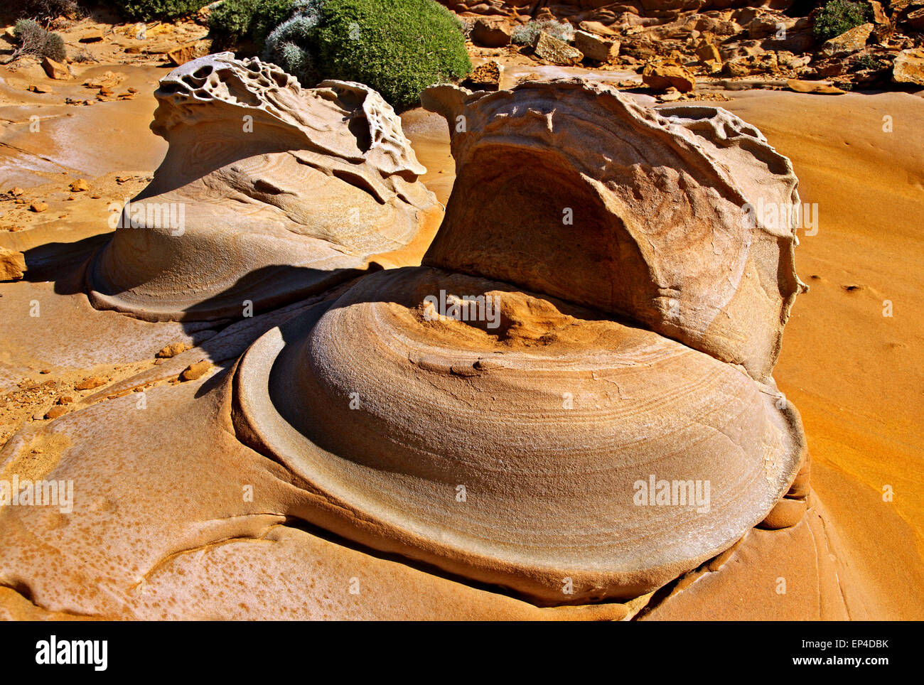 Erstaunliche vulkanischen Felsen am Faraklo (oder "Falakro") Strand, Lemnos (Limnos) Insel Nord Ägäis, Griechenland. Stockfoto