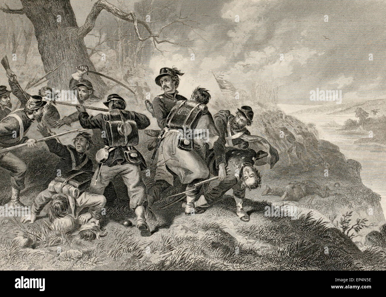 Schlacht von Herbst Bluff, Virginia, 1861. Schlacht des Balls Bluff in Loudoun County, Virginia am 21. Oktober 1861, war einer der frühen Schlachten des amerikanischen Bürgerkriegs in dem Generalmajor George B. McClellan Armee des Potomac (Union) eine demütigende Niederlage erlitten. Stockfoto