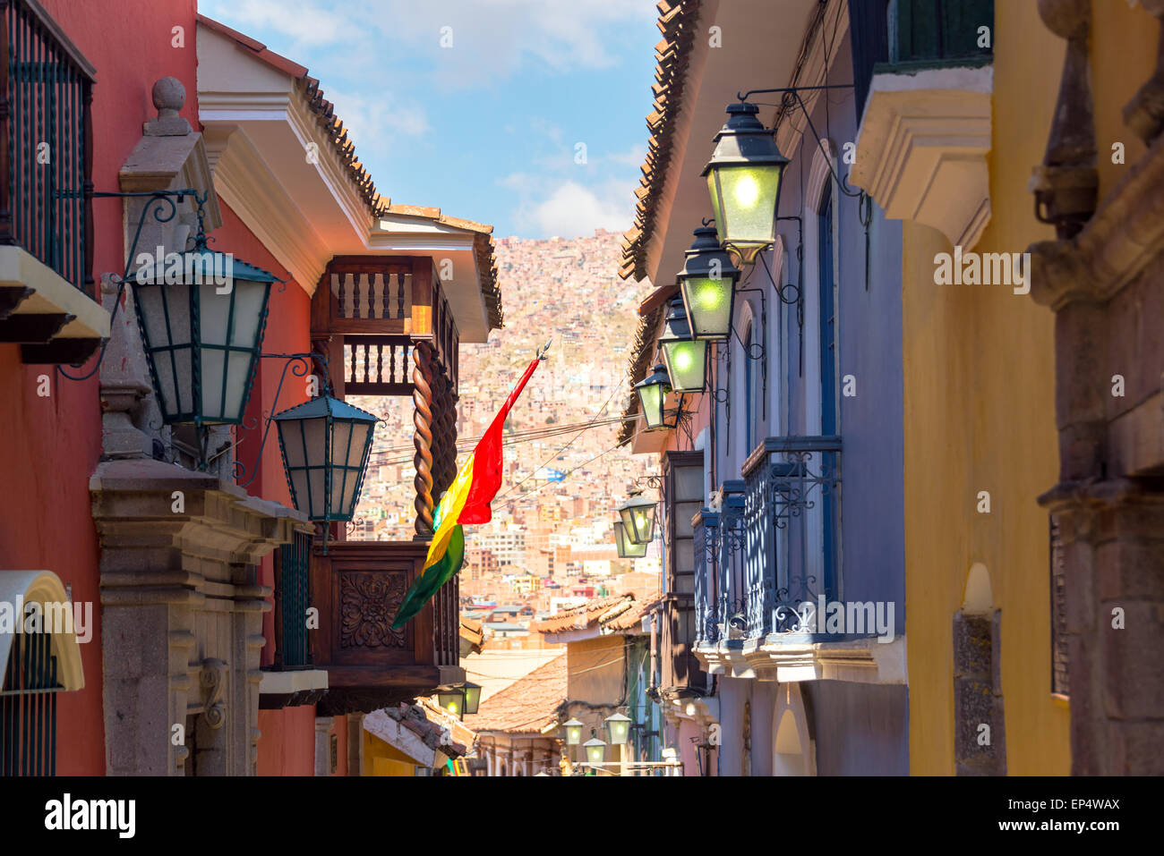 Ansicht des alten kolonialen Gebäuden in Jaen Straße in La Paz, Bolivien Stockfoto