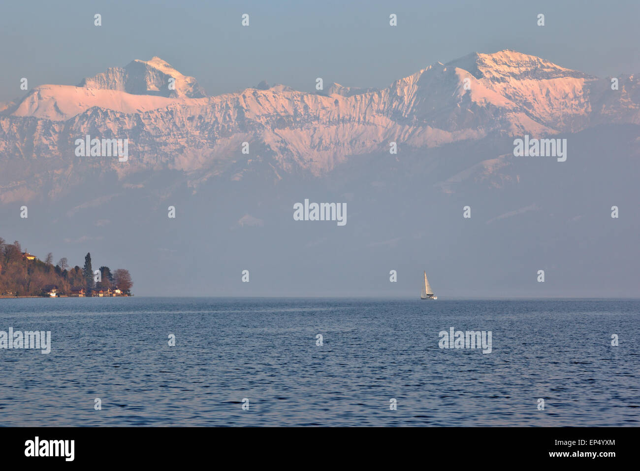 Segelboot auf dem See Thun, Schweiz Stockfoto