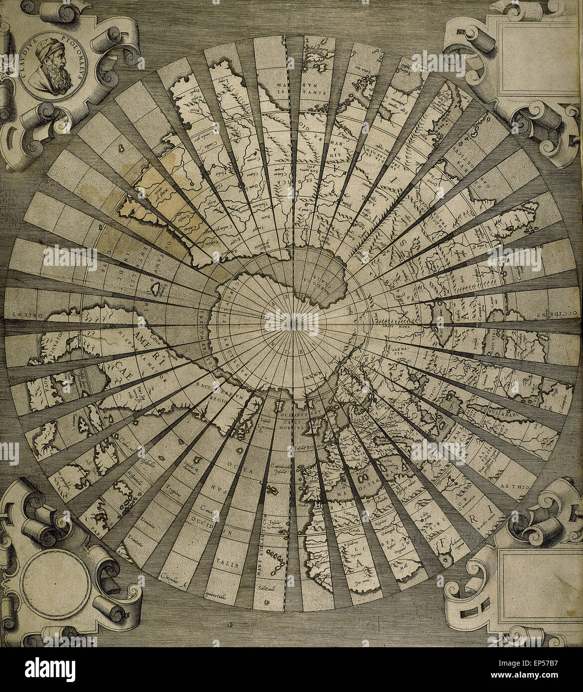 Greco-ägyptische Geograph Claudius Ptolemäus (90-168). Weltkarte. Kupferstich aus dem 16. Jahrhundert. Stockfoto